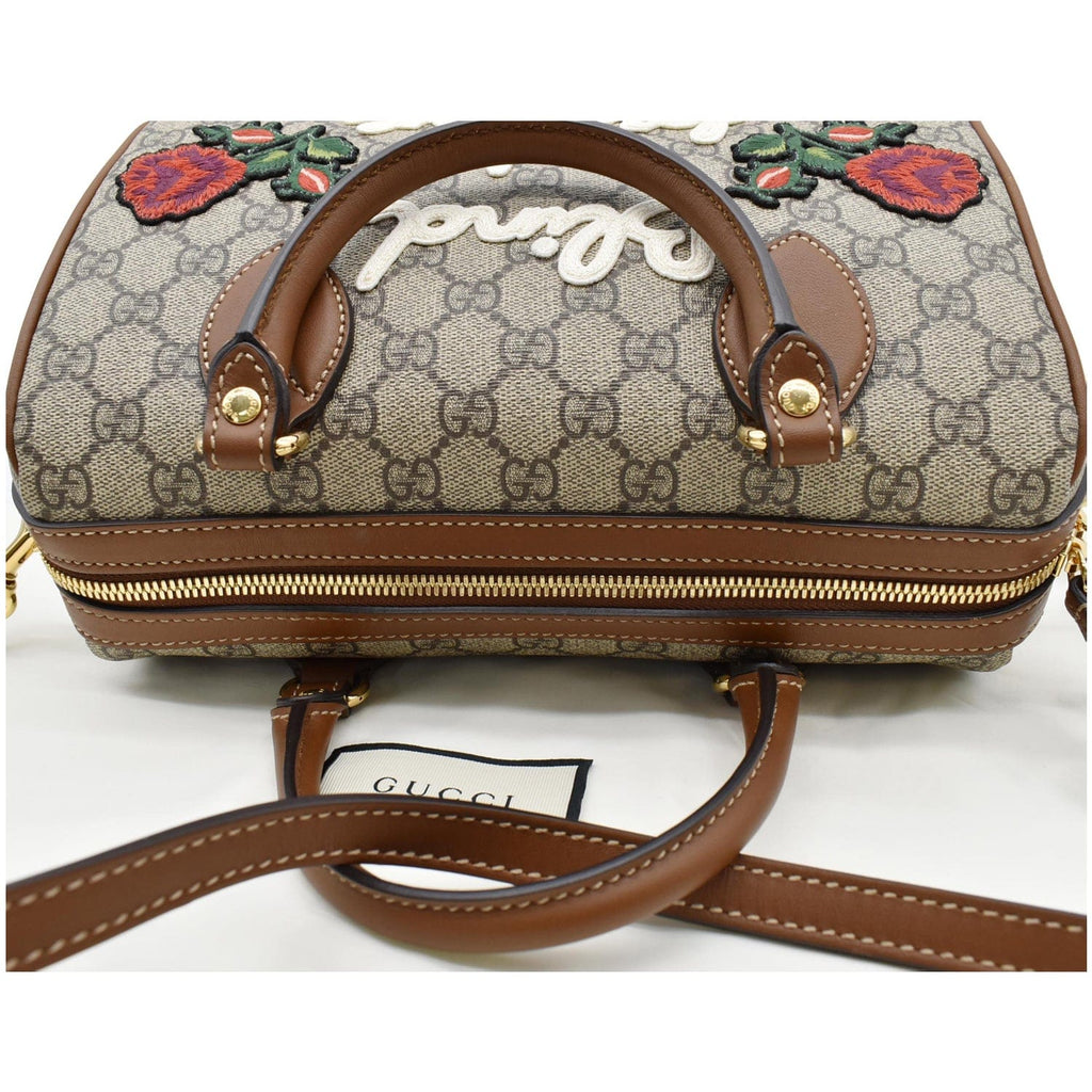 GUCCI Blind for Love Embroidered Gucci Supreme Canvas Boston Bag Maple Brown 409529
