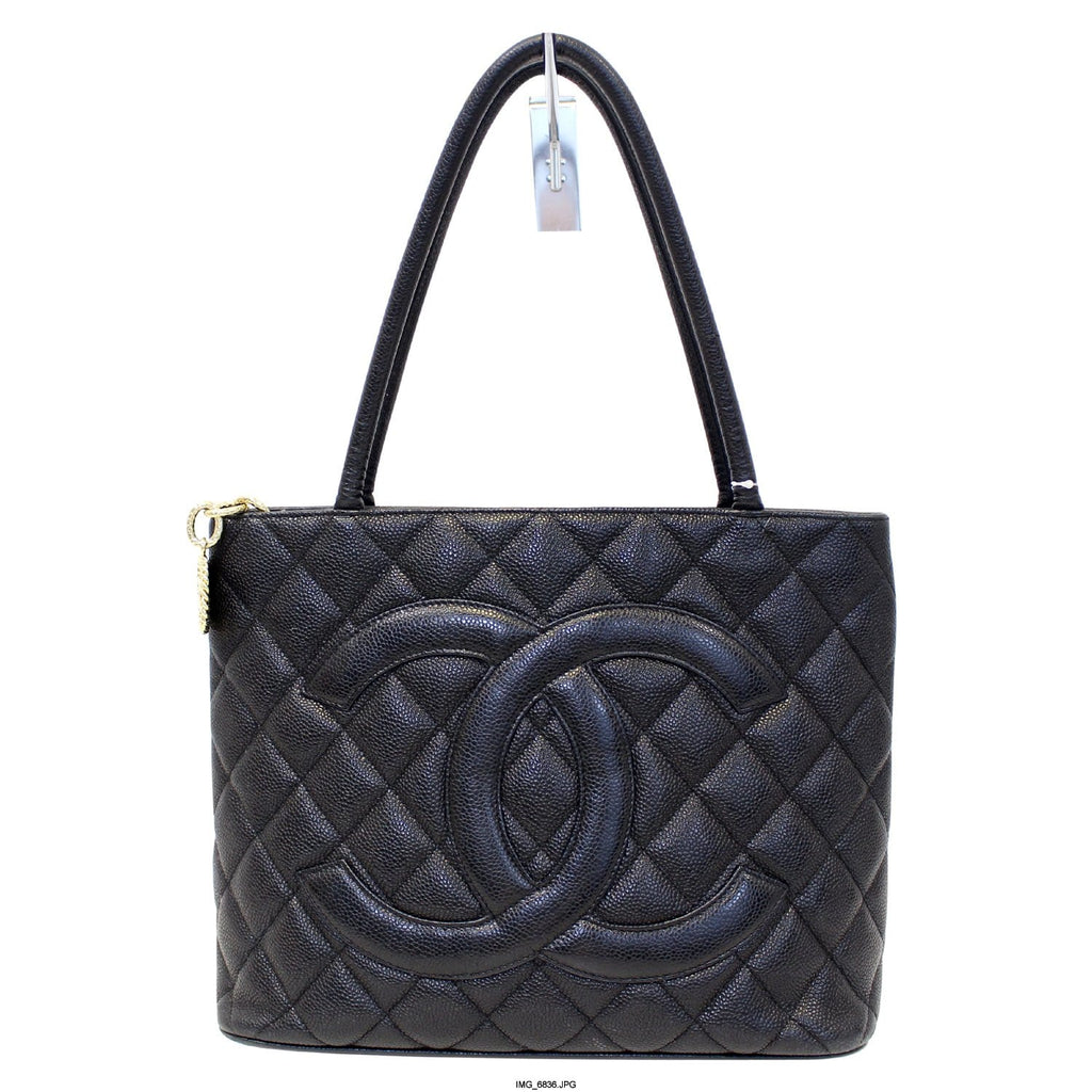 Chanel Medallion Quilted Caviar Leather Leather Tote Bag Black