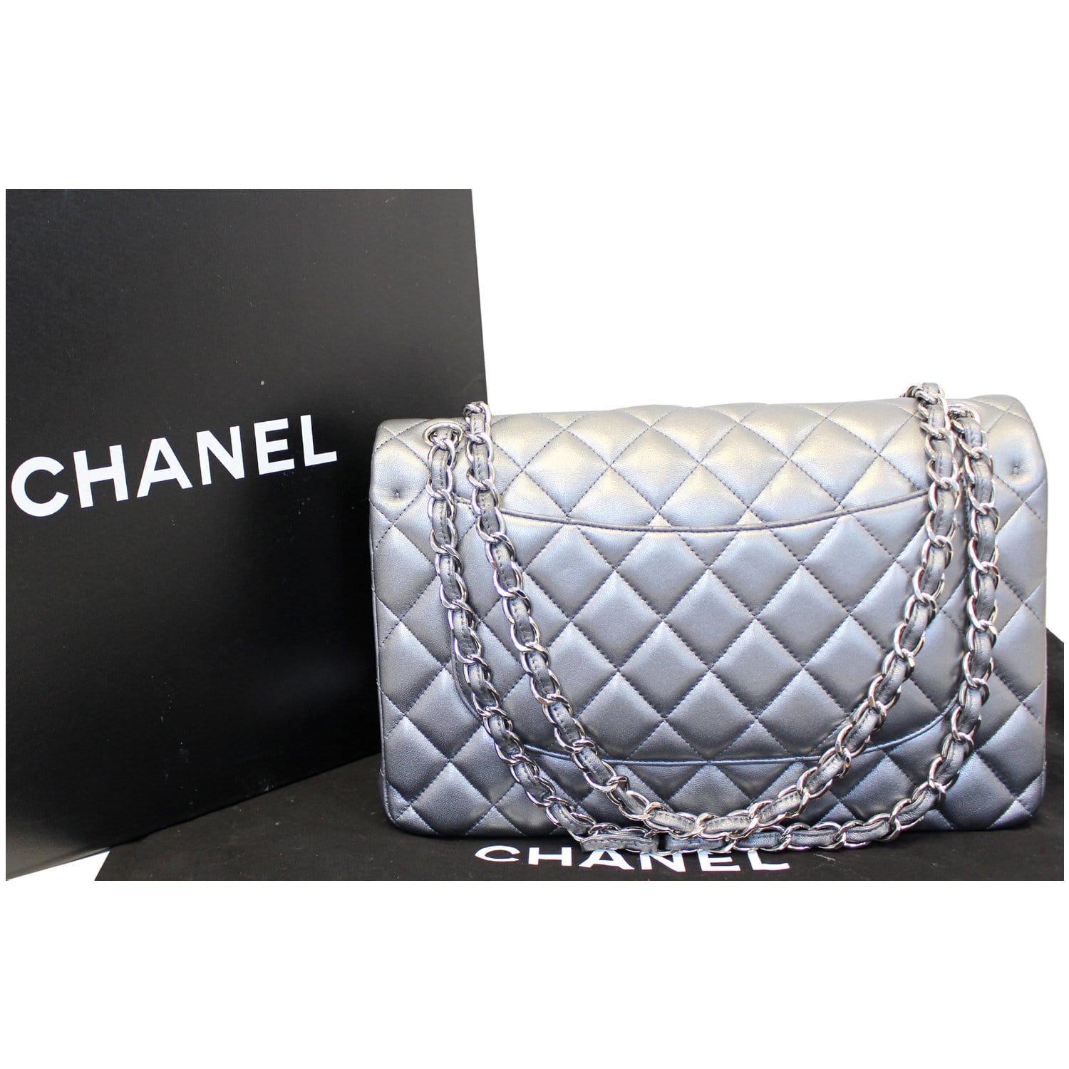 Chanel Jumbo Calfskin Leather Double Flap Silver Shoulder Bag