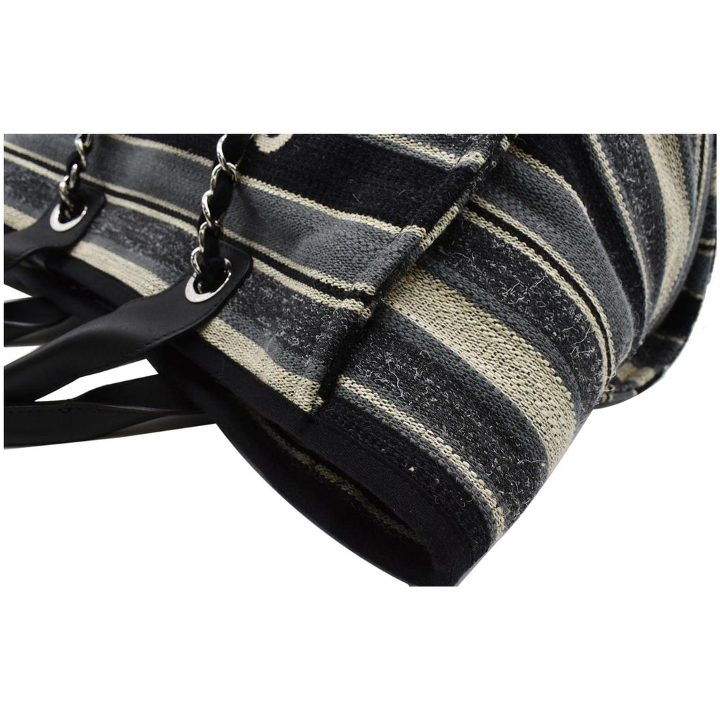 Chanel Deauville Medium Striped Tweed Canvas Tote Bag Black/Grey
