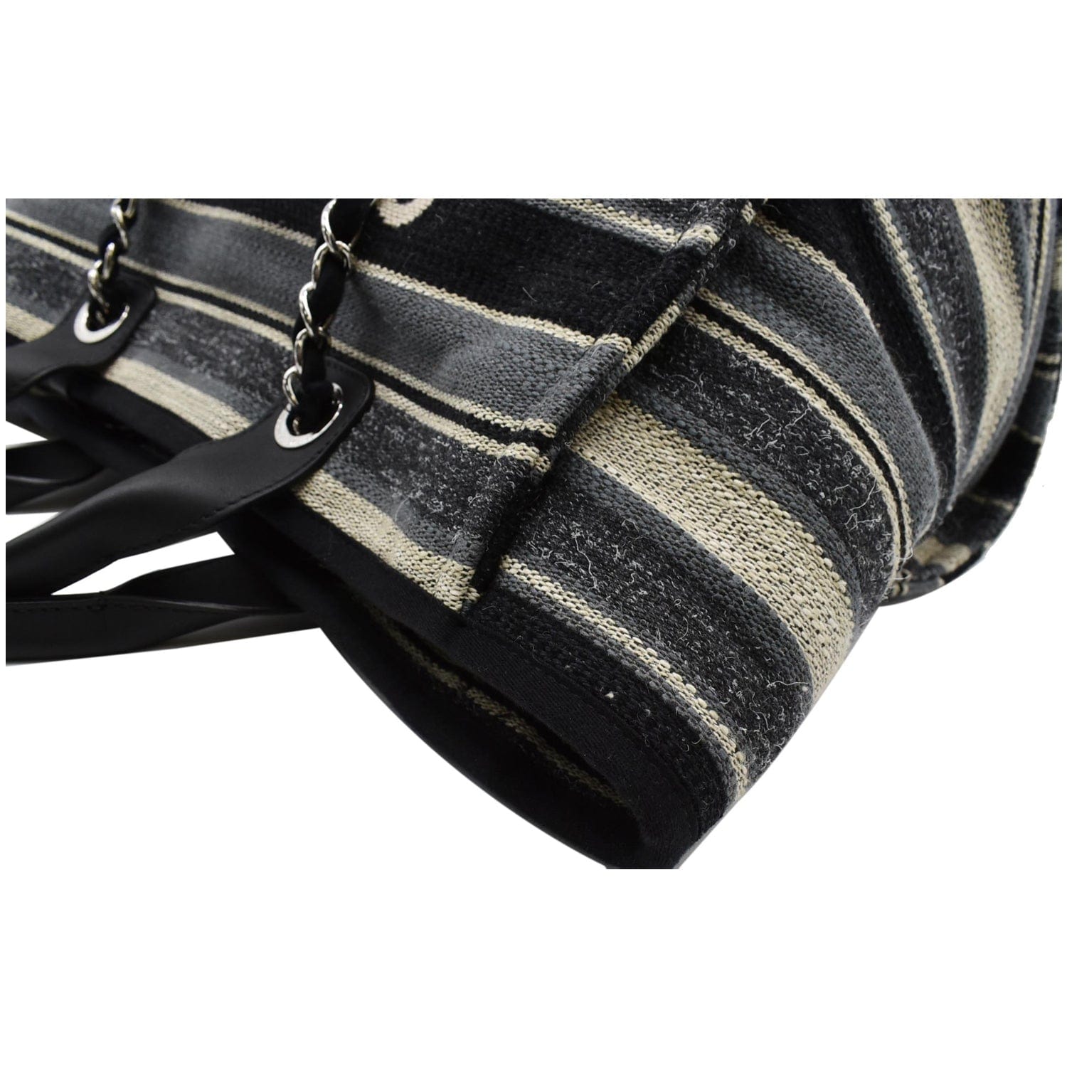 Chanel Deauville Medium Striped Tweed Canvas Tote Bag Black/Grey