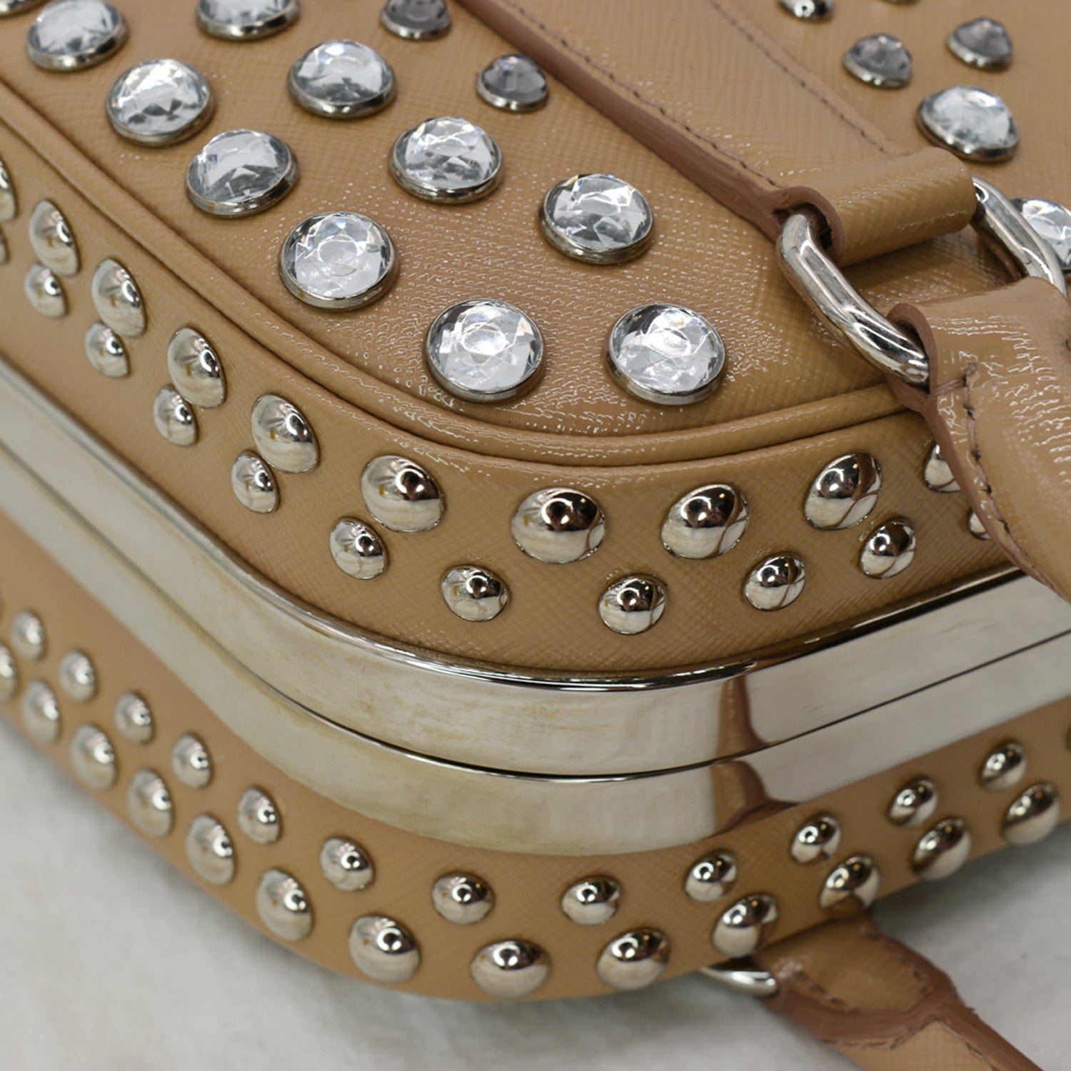 PRADA Vernice Crystal Small Frame Studded Saffiano Leather Top Handle Bag Beige