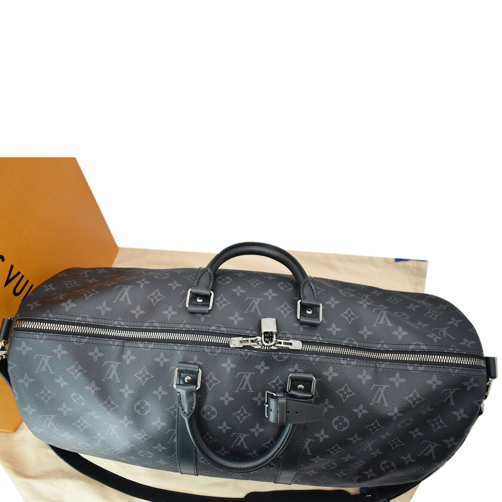 LOUIS VUITTON Keepall 55 Bandouliere Monogram Eclipse Travel Bag Black