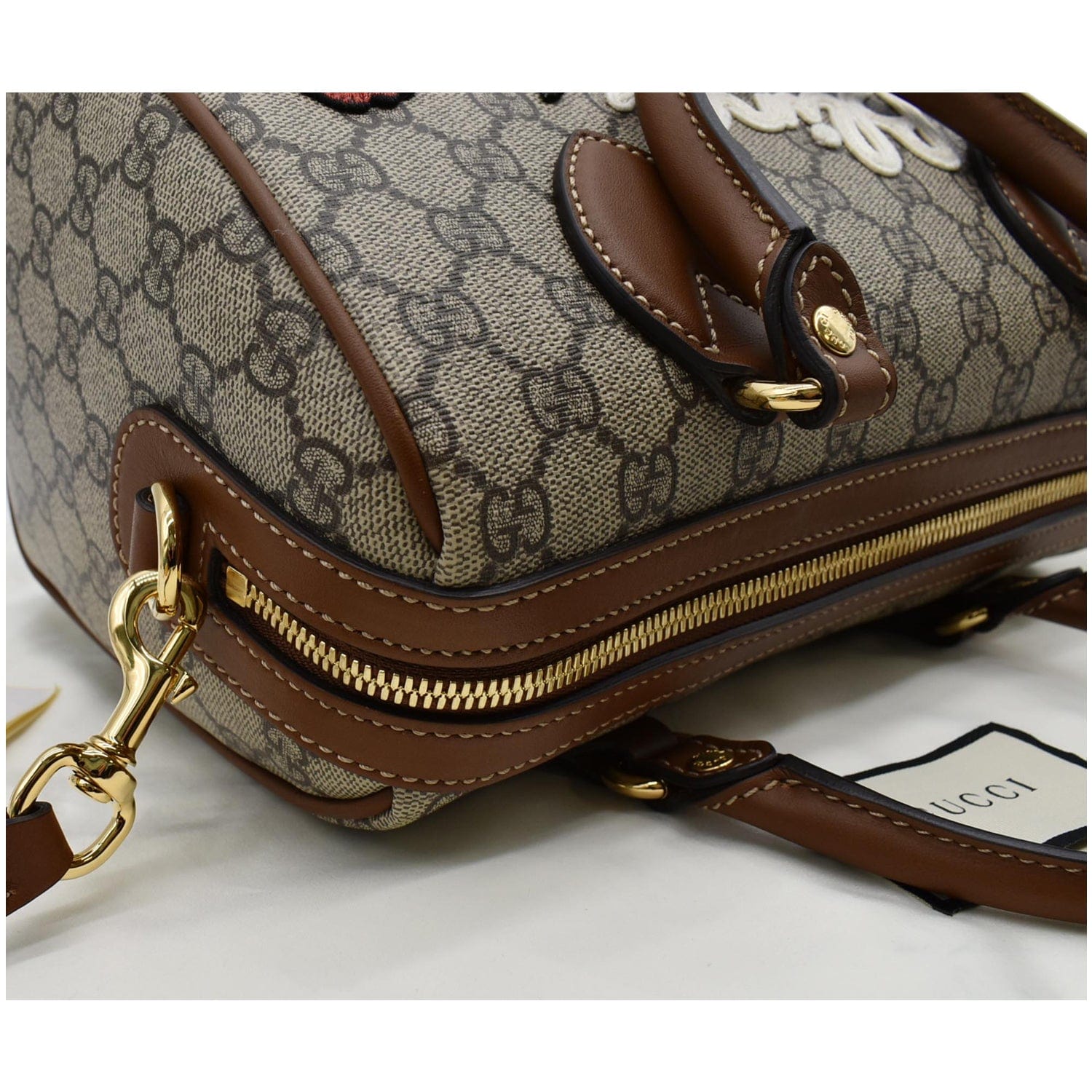 GUCCI Blind for Love Embroidered Gucci Supreme Canvas Boston Bag Maple Brown 409529