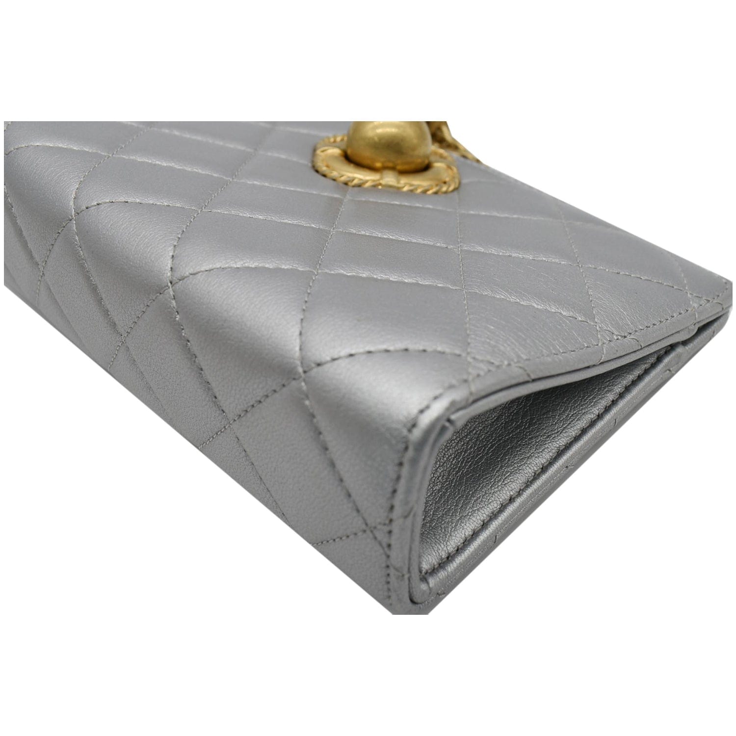 Chanel By The Sea Quilted  Leather Clutch Wallet Metallic Silver