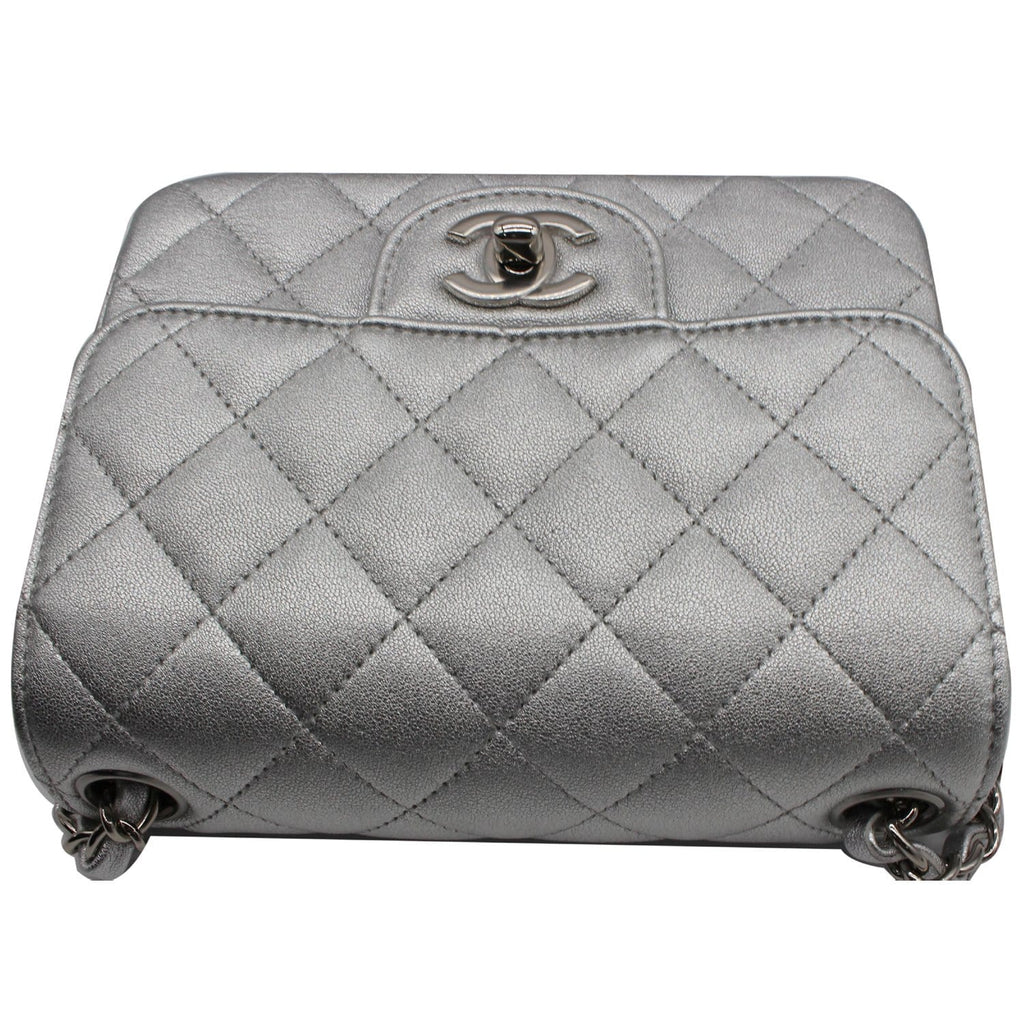Chanel Mini Square Flap Quilted Leather Shoulder Bag Metallic Silver