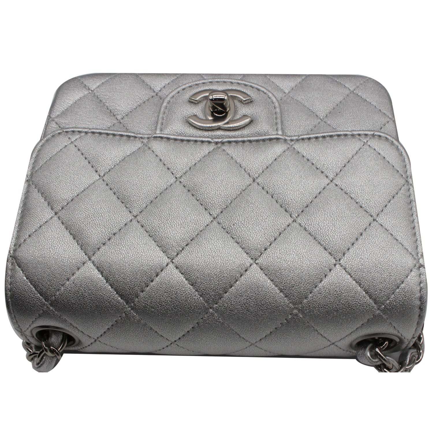Chanel Mini Square Flap Quilted Leather Shoulder Bag Metallic Silver