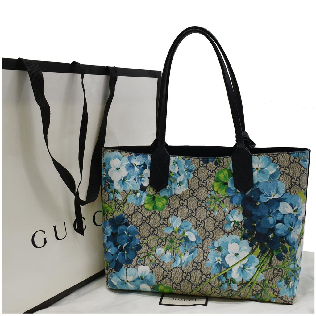 GUCCI Blooms Reversible Gucci Print Floral Supreme Tote Bag Blue 546323