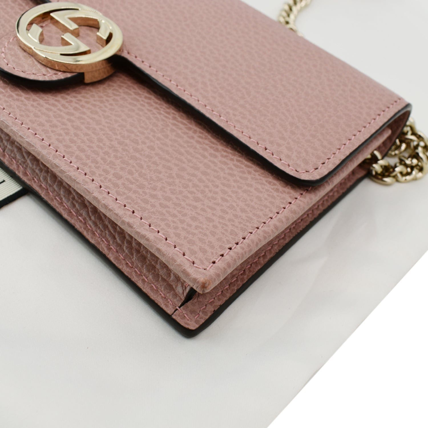 GUCCI Dollar Interlocking G  Leather Chain Wallet Crossbody Bag Soft Pink 510314