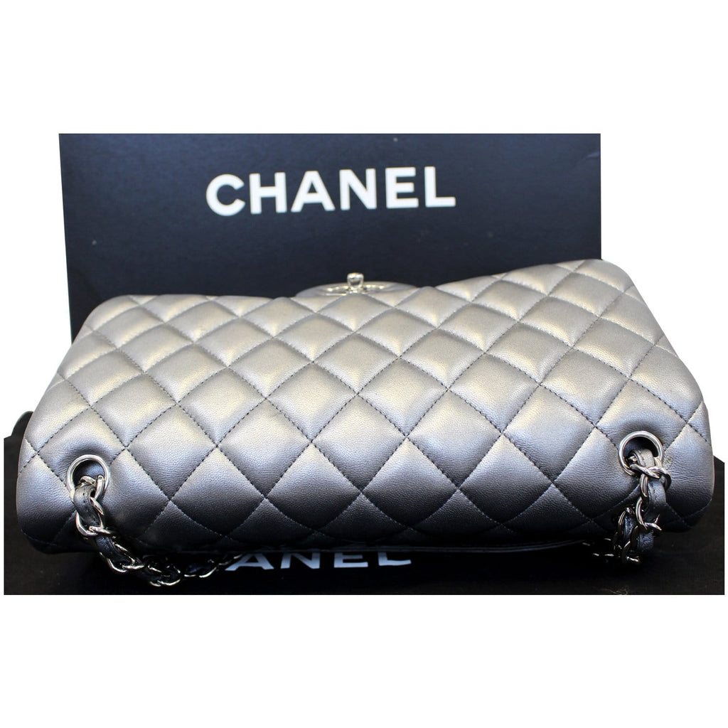 Chanel Jumbo Calfskin Leather Double Flap Silver Shoulder Bag
