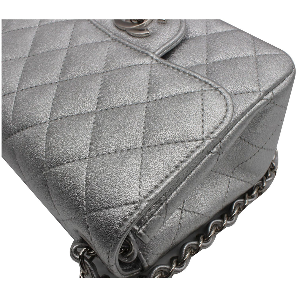 Chanel Mini Square Flap Quilted Leather Shoulder Bag Metallic Silver