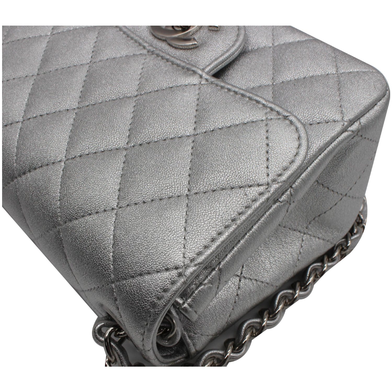 Chanel Mini Square Flap Quilted Leather Shoulder Bag Metallic Silver