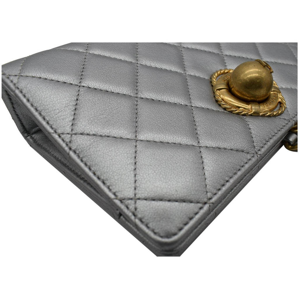 Chanel By The Sea Quilted  Leather Clutch Wallet Metallic Silver