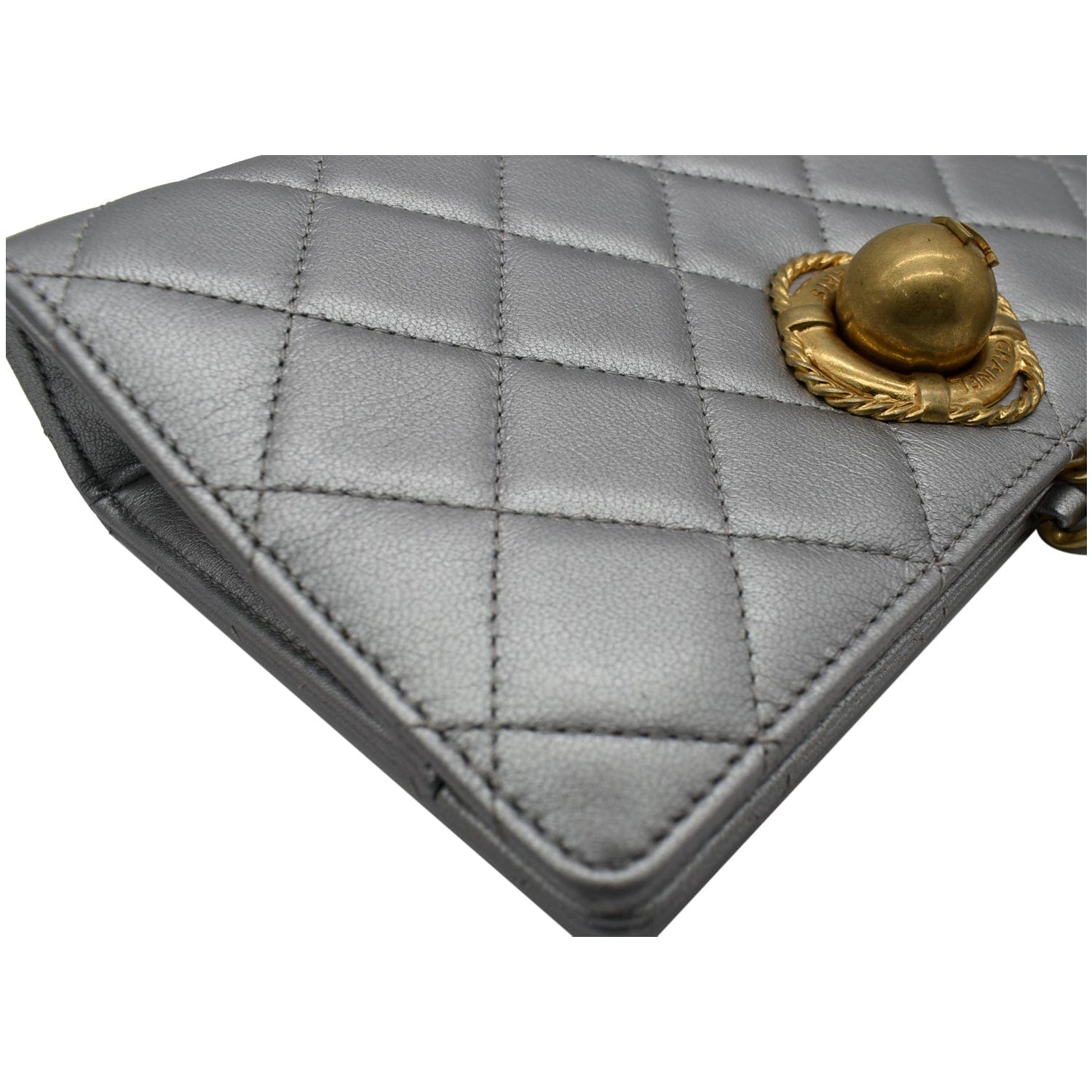 Chanel By The Sea Quilted  Leather Clutch Wallet Metallic Silver