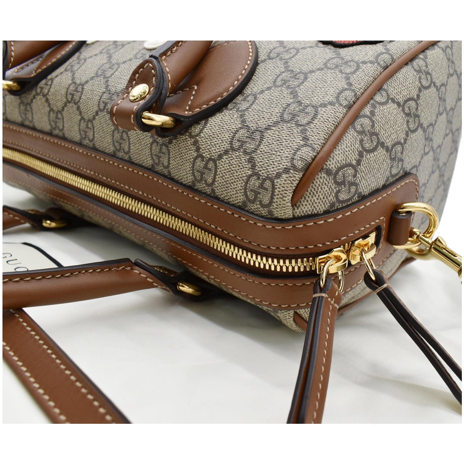 GUCCI Blind for Love Embroidered Gucci Supreme Canvas Boston Bag Maple Brown 409529