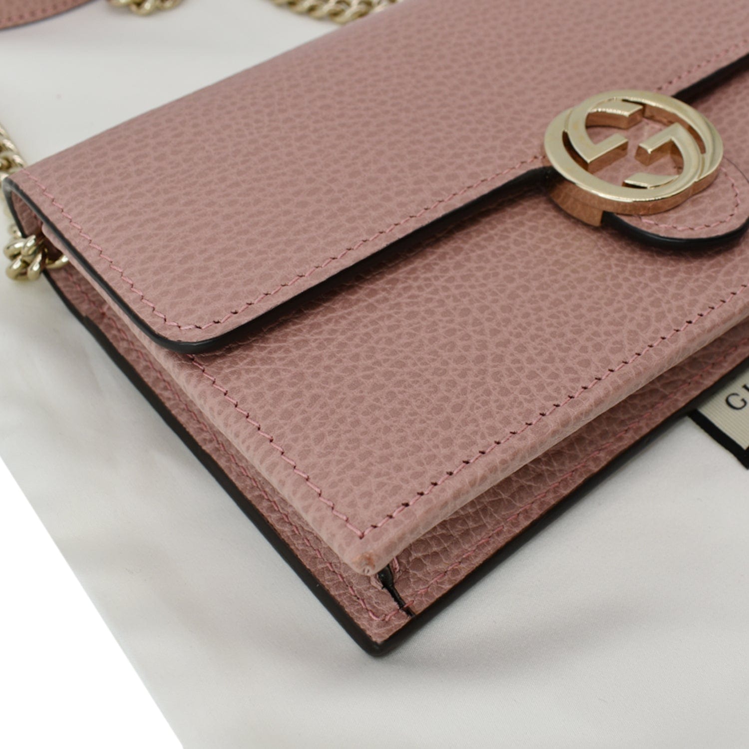 GUCCI Dollar Interlocking G  Leather Chain Wallet Crossbody Bag Soft Pink 510314