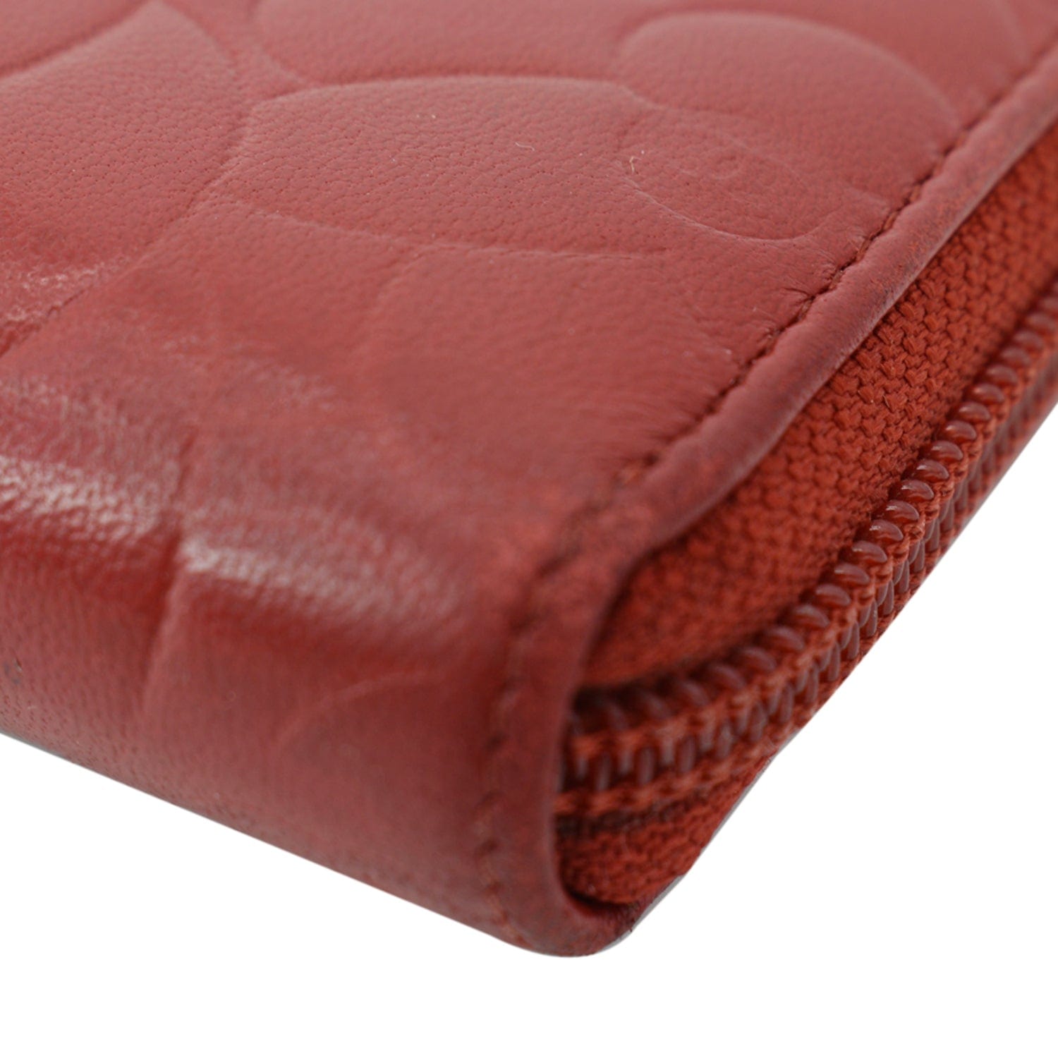 Chanel Zippy Camellia Embossed Leather Wallet Red