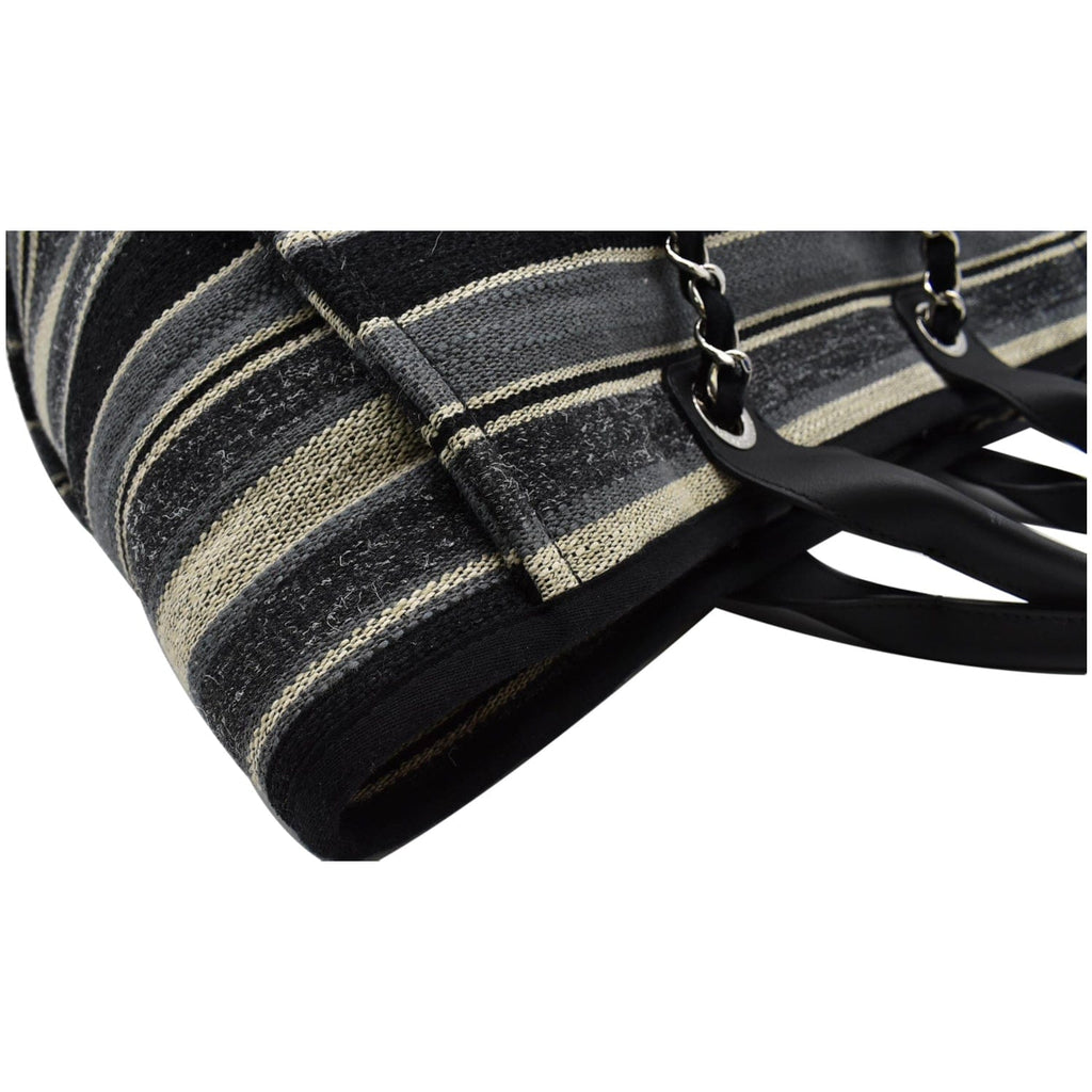 Chanel Deauville Medium Striped Tweed Canvas Tote Bag Black/Grey