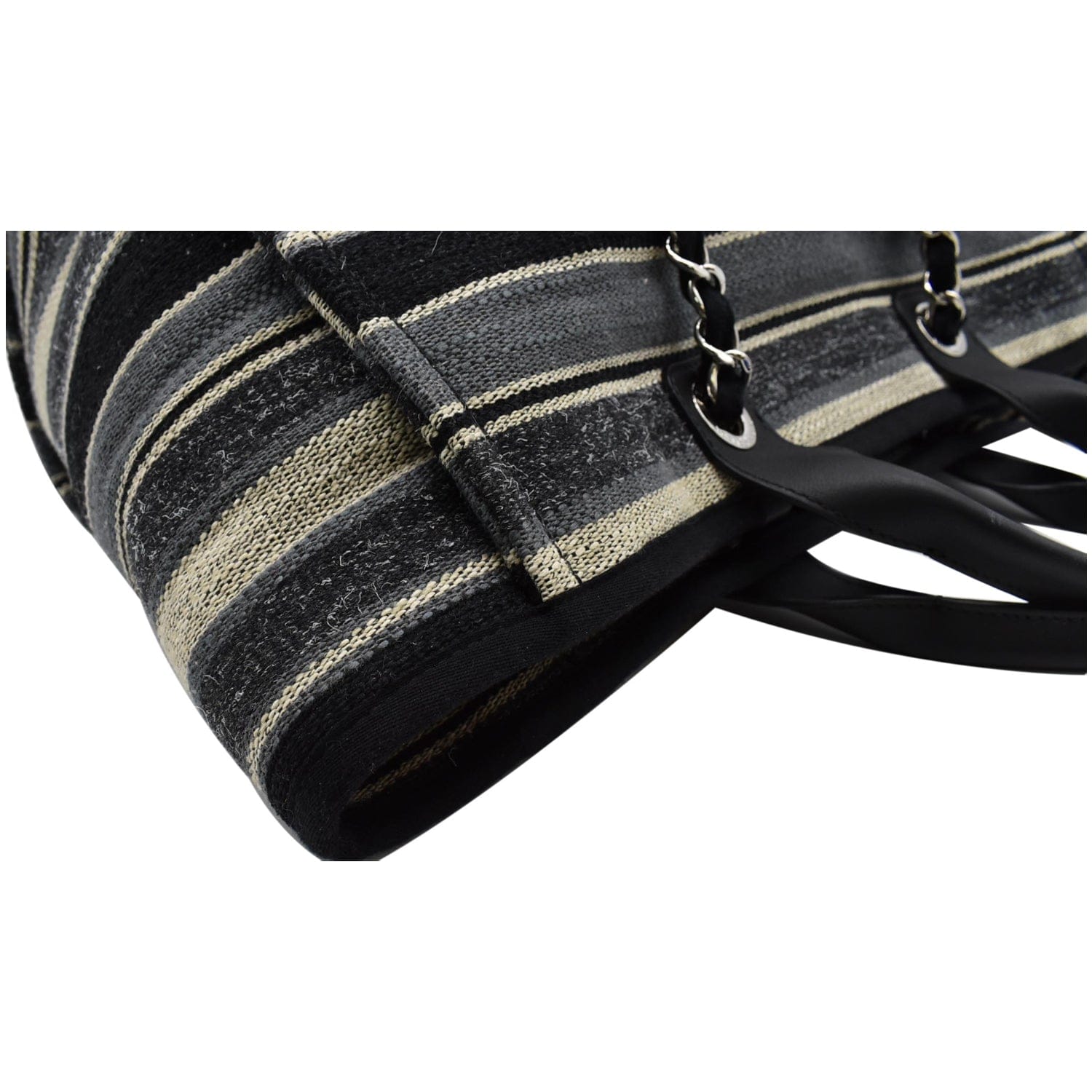 Chanel Deauville Medium Striped Tweed Canvas Tote Bag Black/Grey