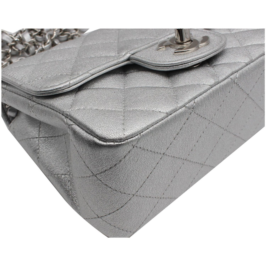 Chanel Mini Square Flap Quilted Leather Shoulder Bag Metallic Silver