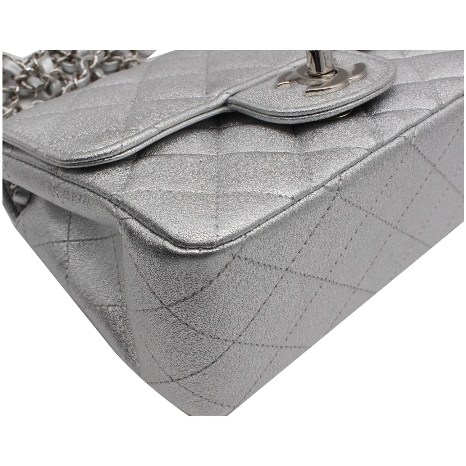 Chanel Mini Square Flap Quilted Leather Shoulder Bag Metallic Silver