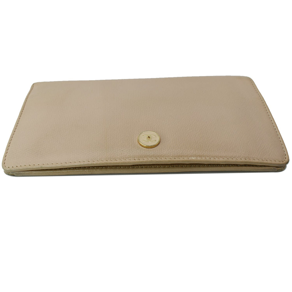 Chanel Long Coco Button Bi-Fold Caviar Leather Wallet Beige