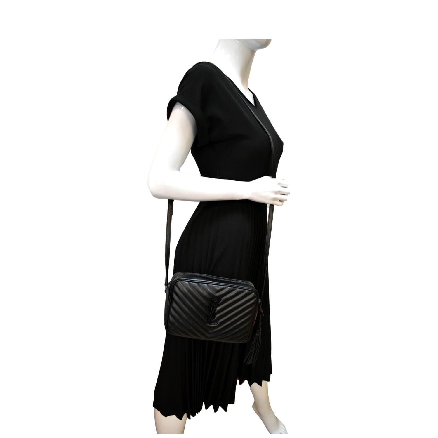YVES SAINT LAURENT Lou Chevron Leather Camera Crossbody Bag Black