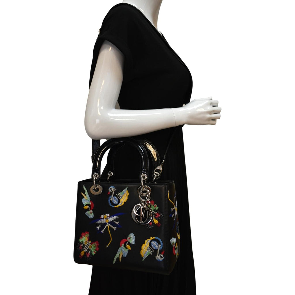 CHRISTIAN DIOR Lady Dior Embroidered  Shoulder Bag Black