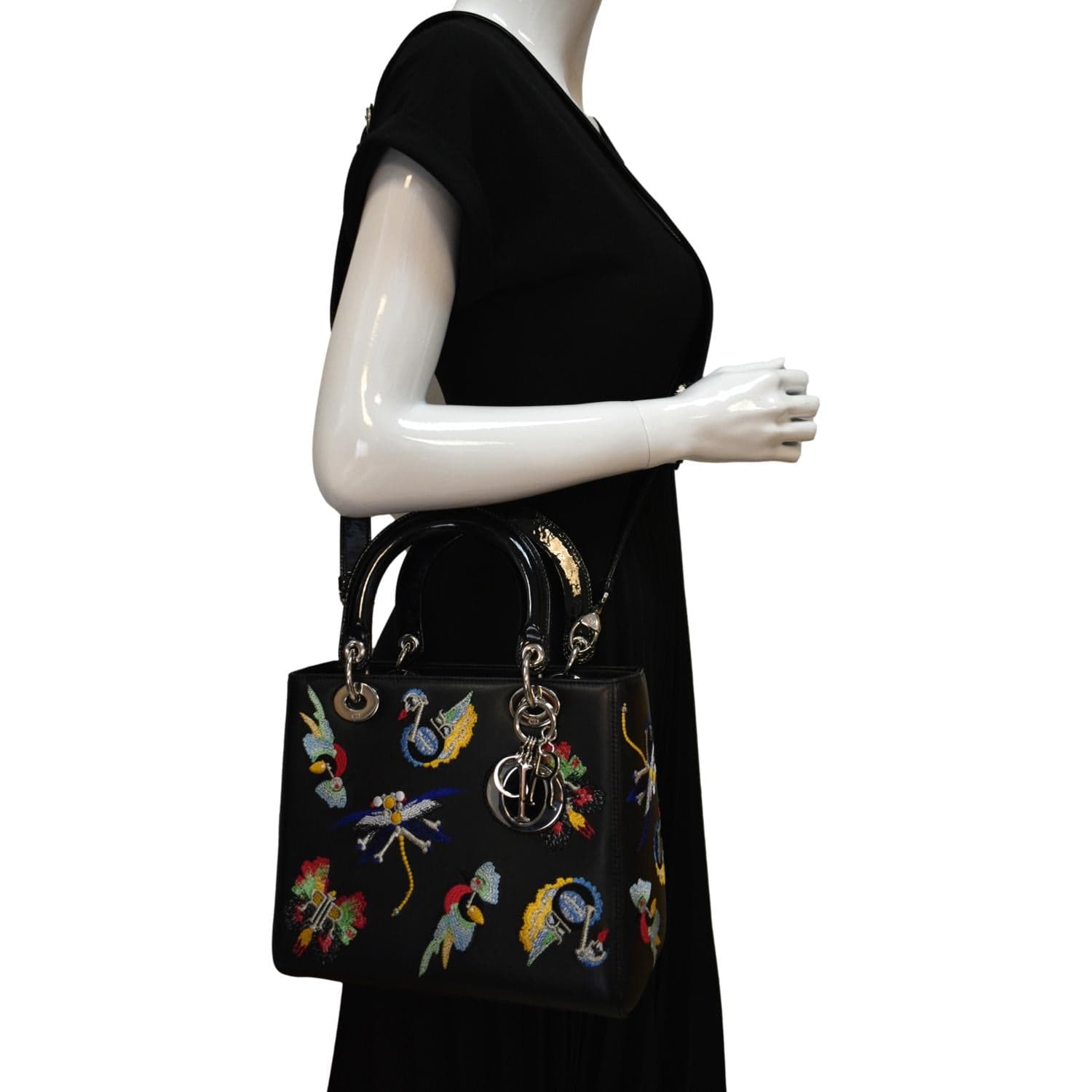 CHRISTIAN DIOR Lady Dior Embroidered  Shoulder Bag Black