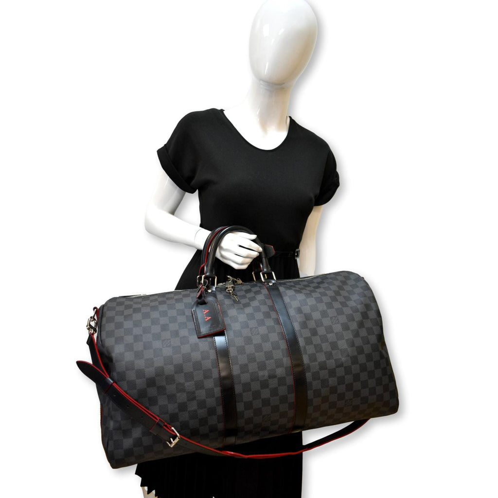 LOUIS VUITTON Keepall 55 Damier Graphite Bandouliere Travel Bag Black