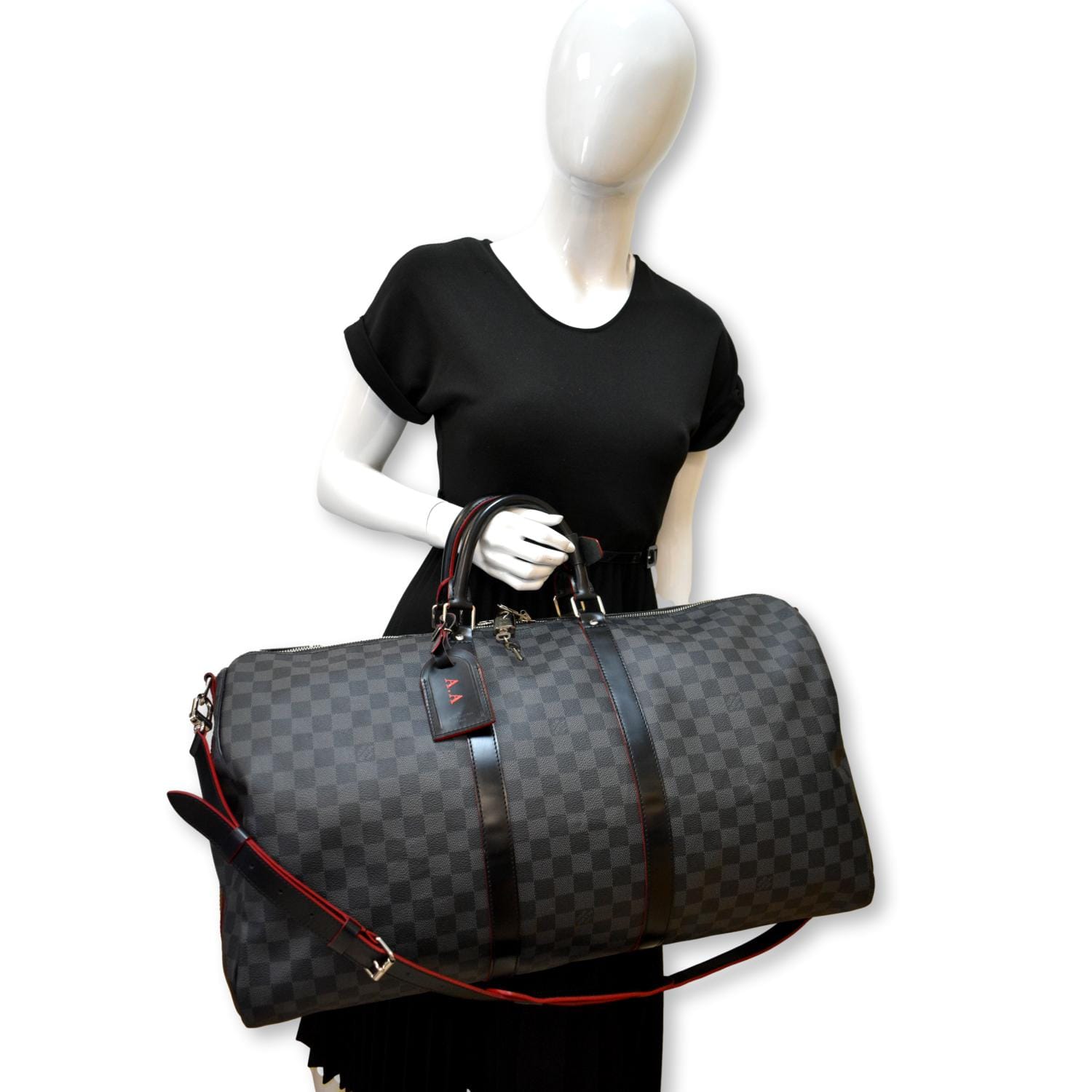 LOUIS VUITTON Keepall 55 Damier Graphite Bandouliere Travel Bag Black