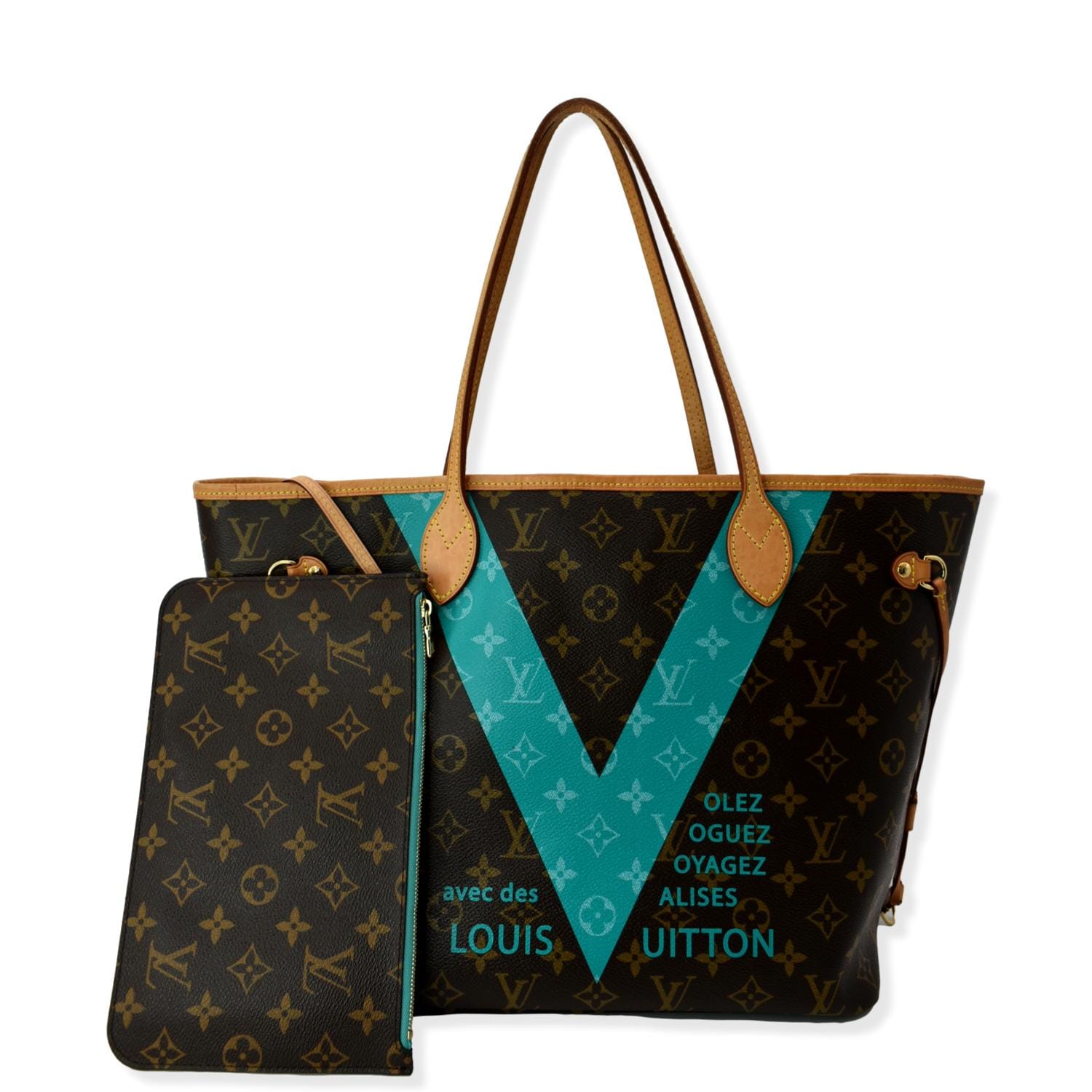 LOUIS VUITTON Limited Edition V Neverfull MM Monogram Canvas Tote Bag Turquoise