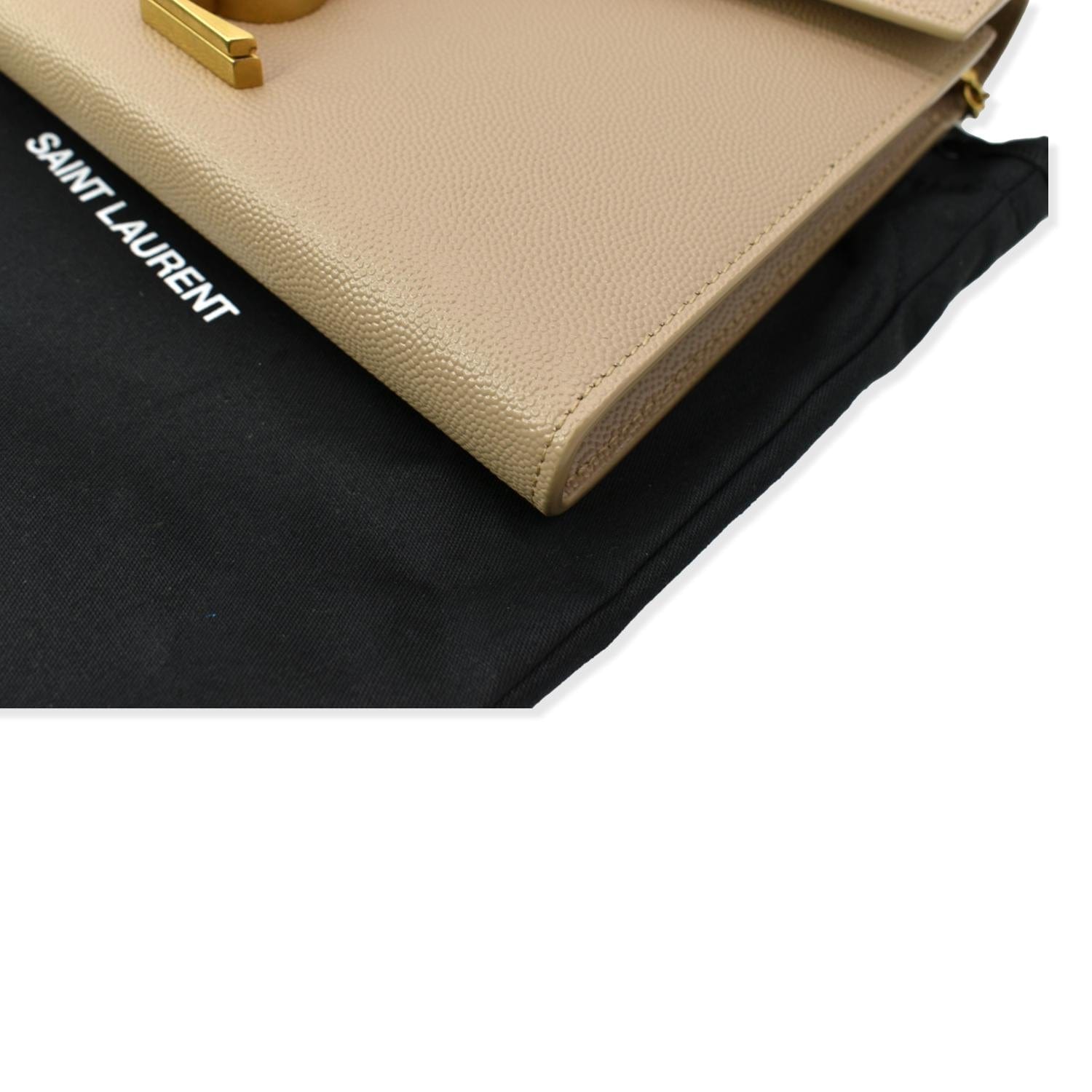 YVES SAINT LAURENT Cassandra Grain De Poudre Embossed Chain Wallet Beige
