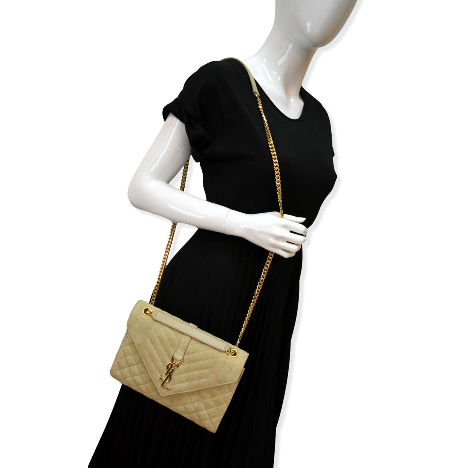 YVES SAINT LAURENT Medium Envelope Matelasse Suede Crossbody Bag Beige