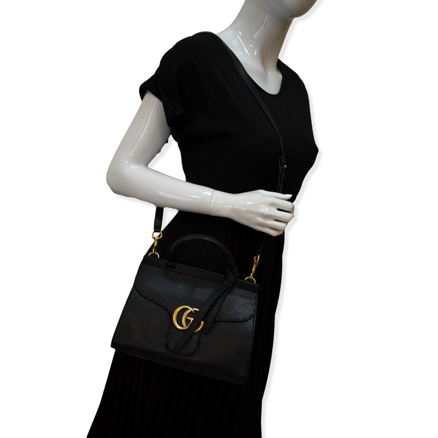 GUCCI Gucci Marmont Leather Top Handle Shoulder Bag Black 442622