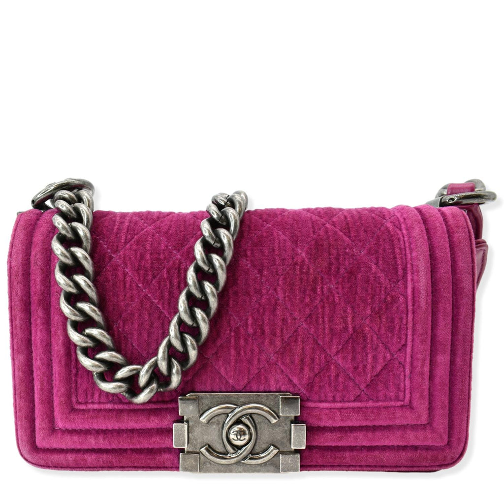 Chanel Small Boy CC Chain Velvet Shoulder Bag Fuchsia
