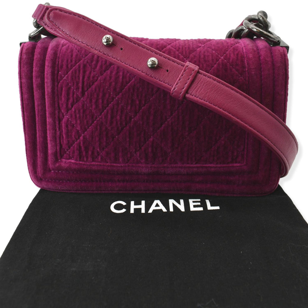 Chanel Small Boy CC Chain Velvet Shoulder Bag Fuchsia