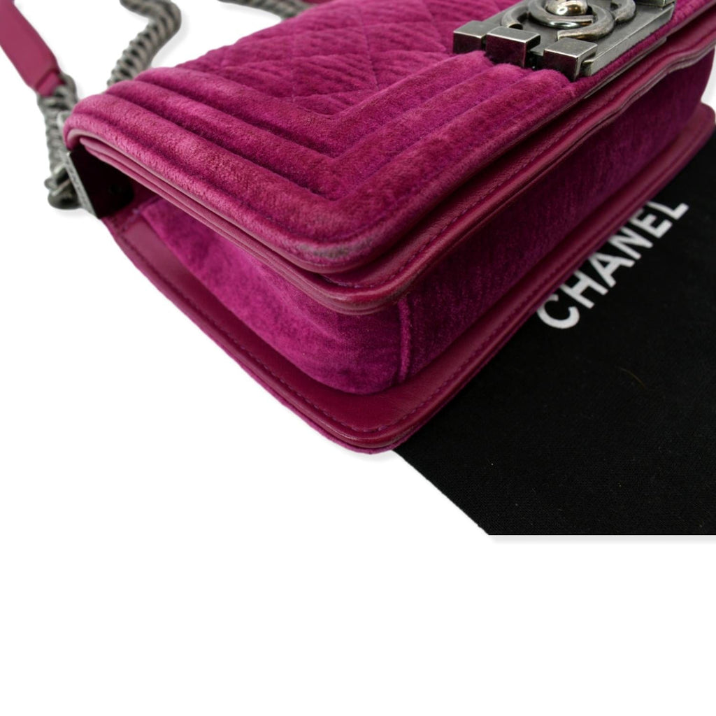 Chanel Small Boy CC Chain Velvet Shoulder Bag Fuchsia