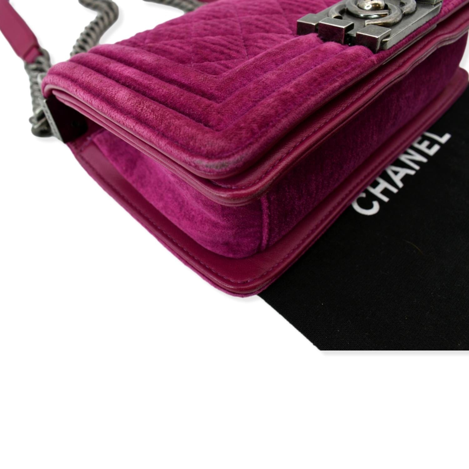 Chanel Small Boy CC Chain Velvet Shoulder Bag Fuchsia