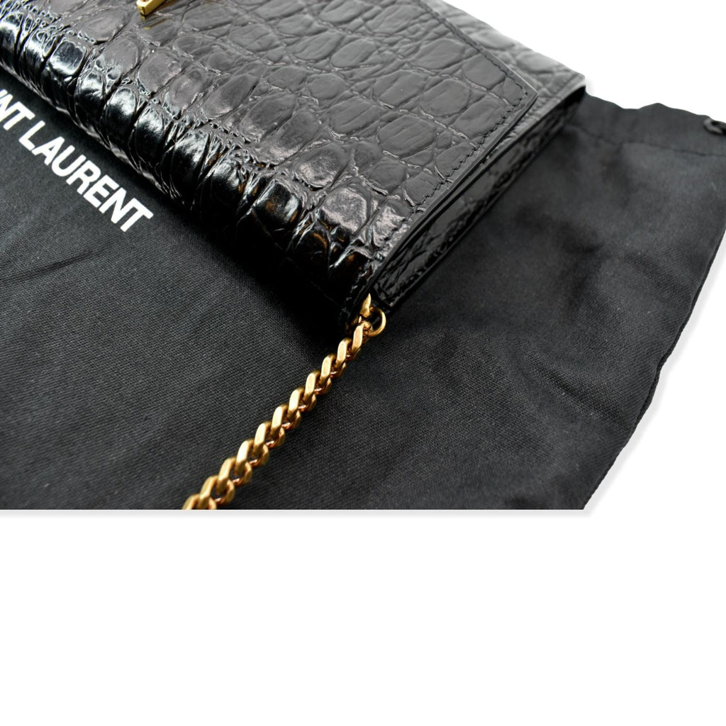 YVES SAINT LAURENT Uptown Crocodile-Embossed Crossbody Chain Wallet Black