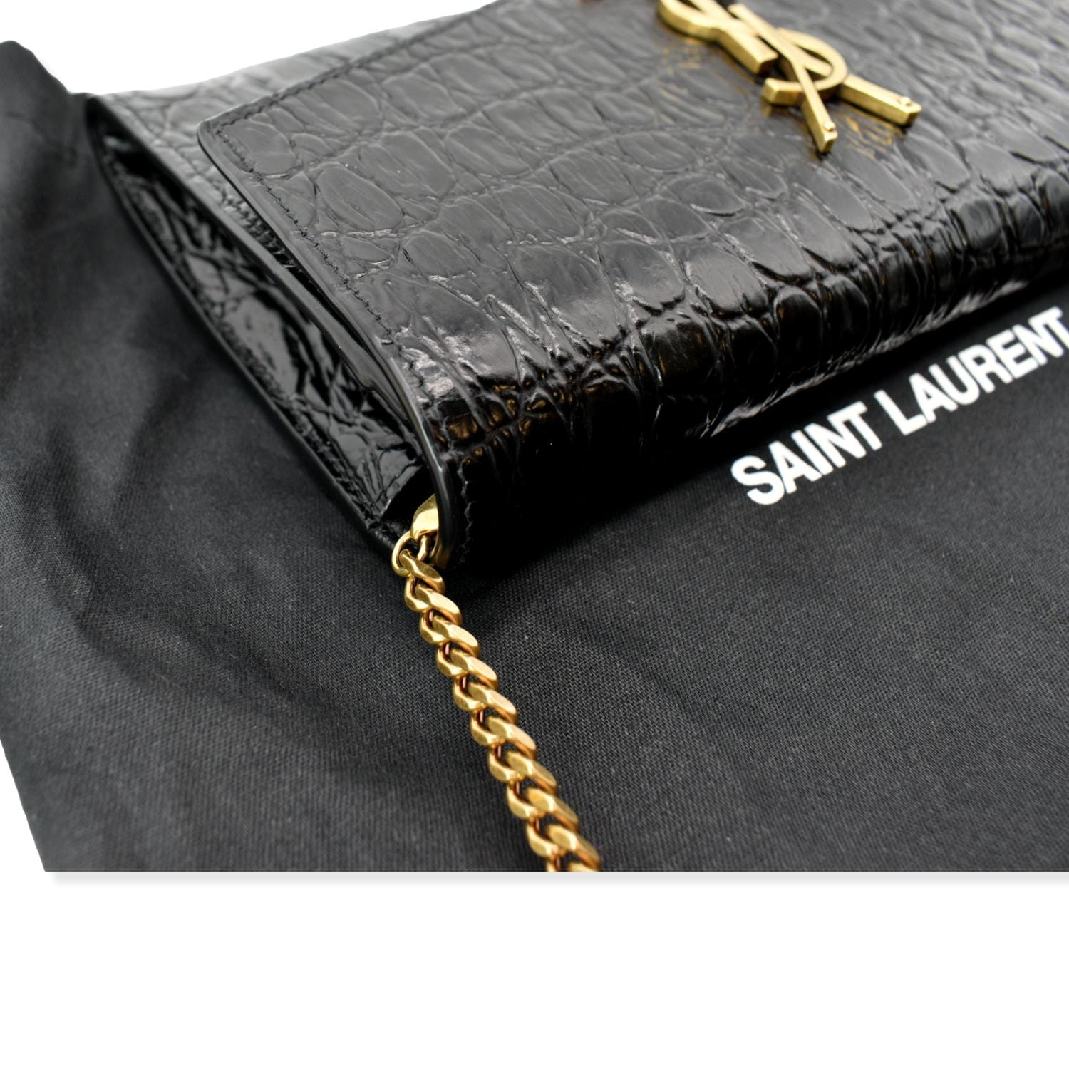 YVES SAINT LAURENT Uptown Crocodile-Embossed Crossbody Chain Wallet Black