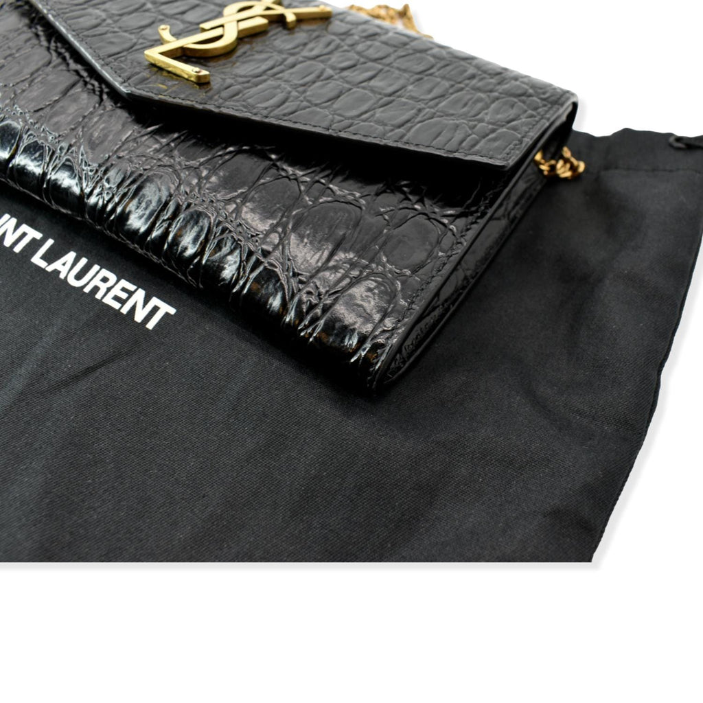 YVES SAINT LAURENT Uptown Crocodile-Embossed Crossbody Chain Wallet Black