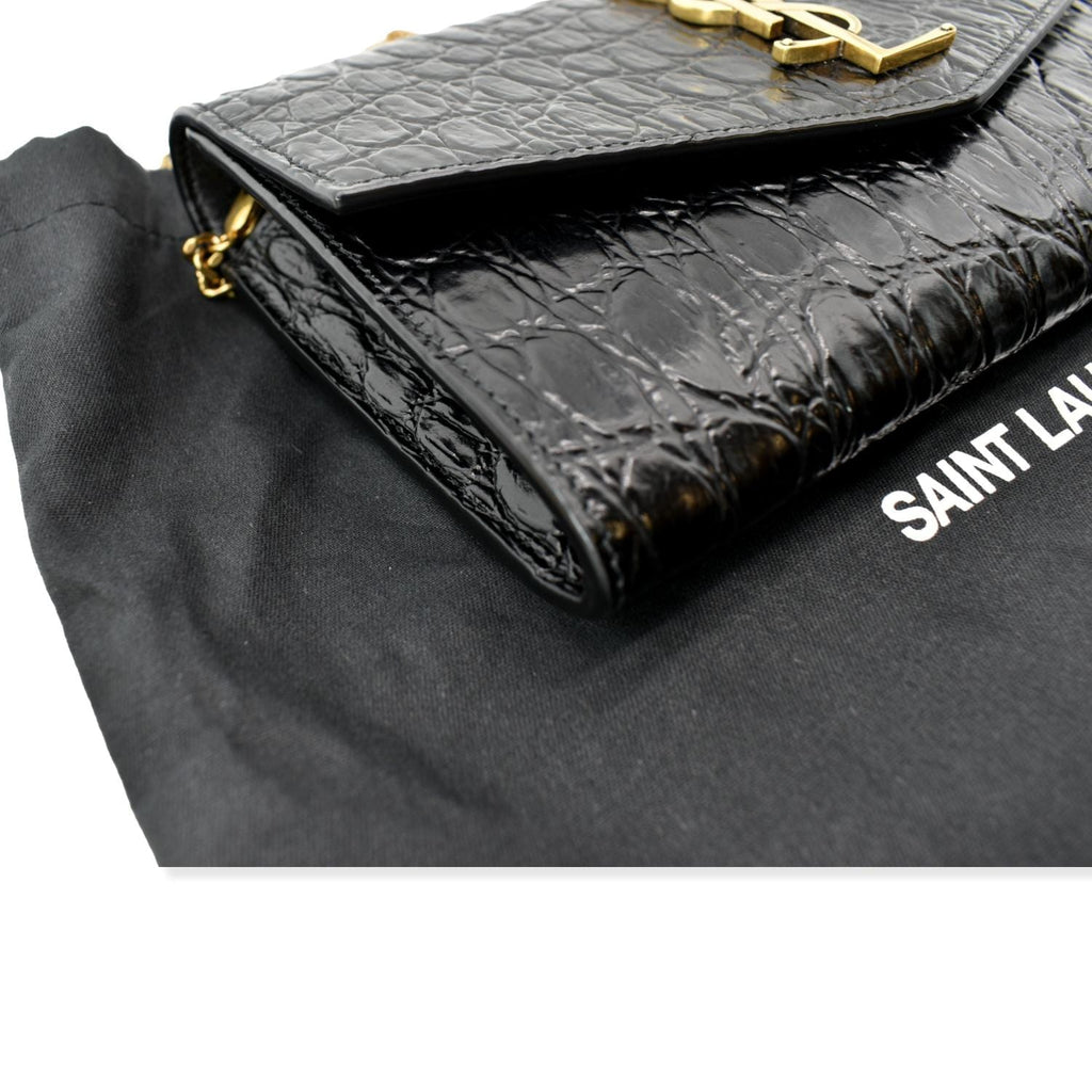 YVES SAINT LAURENT Uptown Crocodile-Embossed Crossbody Chain Wallet Black