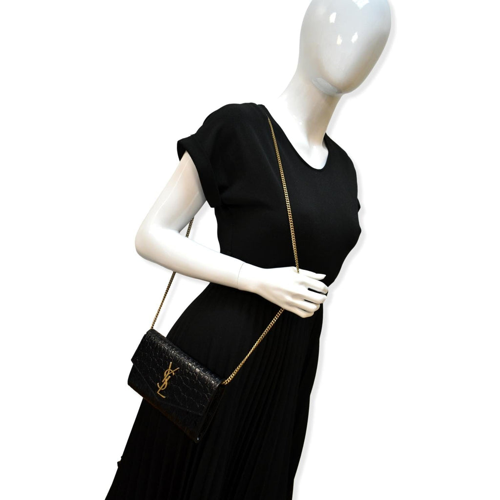 YVES SAINT LAURENT Uptown Crocodile-Embossed Crossbody Chain Wallet Black
