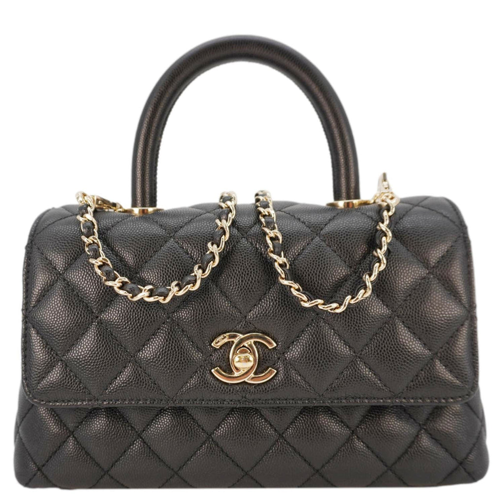 Chanel Coco Flap Small Quilted Caviar Leather Handle Shoulder Bag Black