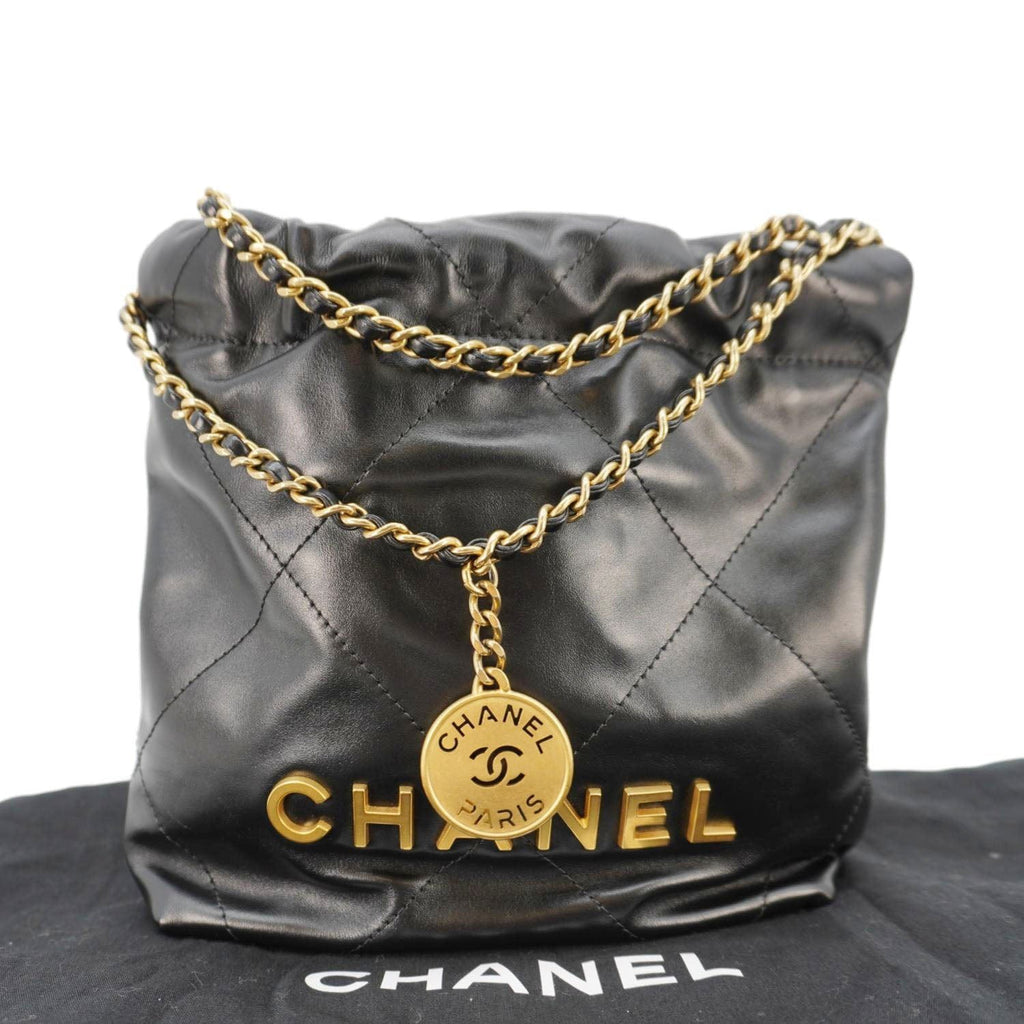 Chanel Pearl 22 Shiny Crumpled Leather Crossbody Bag Black