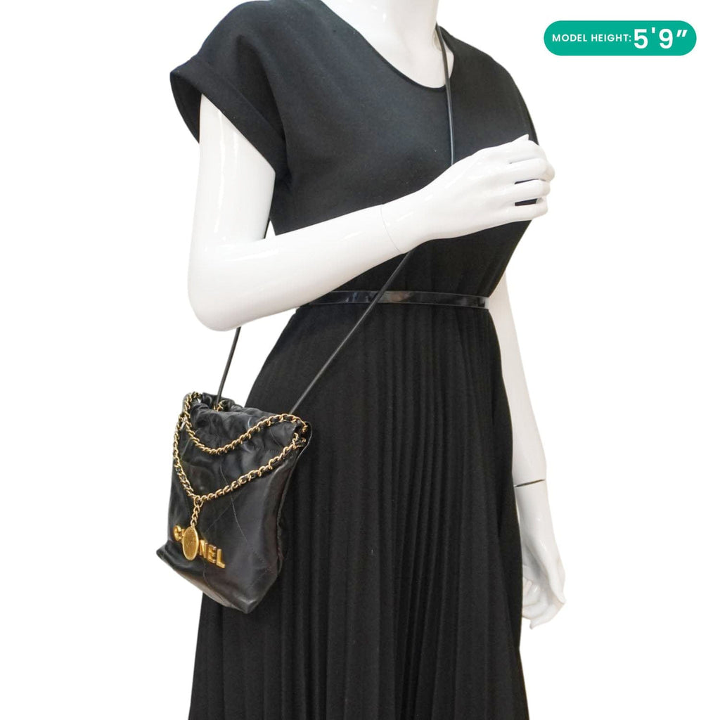 Chanel Pearl 22 Shiny Crumpled Leather Crossbody Bag Black