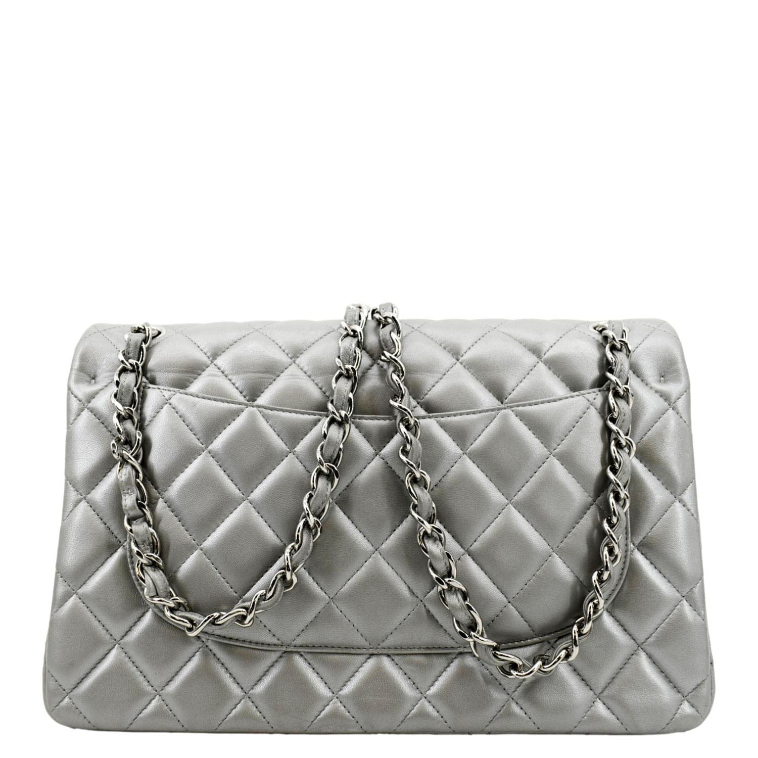 Chanel Jumbo Flap Quilted Leather Shoulder Bag Metallic Silver
