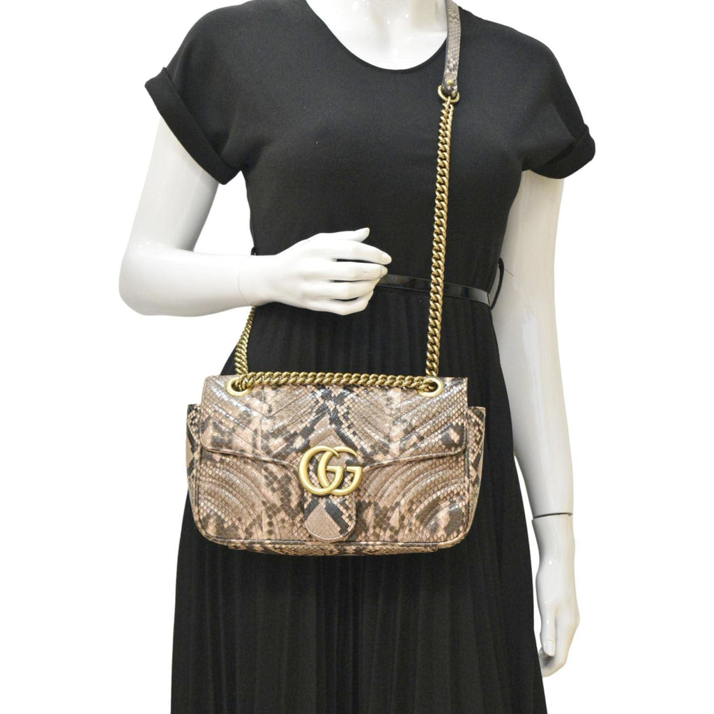 GUCCI Gucci Marmont Snake Print Leather Crossbody Bag Brown 443497