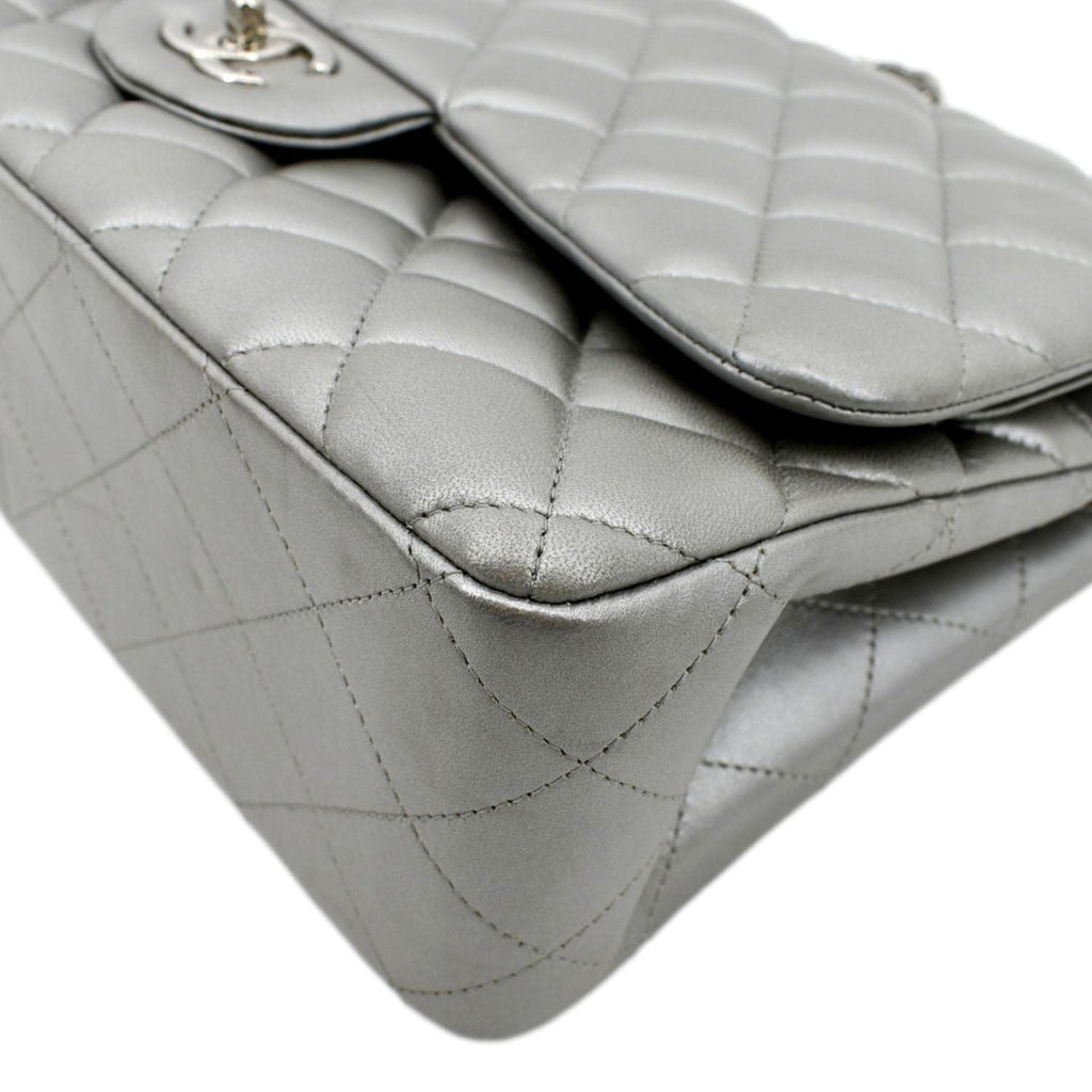 Chanel Jumbo Flap Quilted Leather Shoulder Bag Metallic Silver